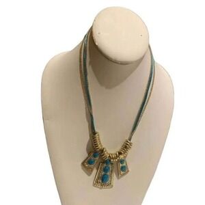 Gold Tone Turquoise Blue Faux Stone Geometric Bib Necklace &‎ Earrings Set